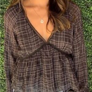 NWT LUSH SZ-L SEMI-SHEER RUFFLED BLACK PLAID LONG SLEEVE BLOUSE